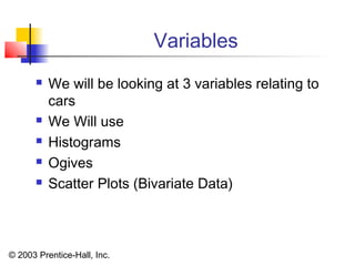 © 2003 Prentice-Hall, Inc.
Variables
 We will be looking at 3 variables relating to
cars
 We Will use
 Histograms
 Ogives
 Scatter Plots (Bivariate Data)
 