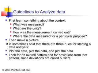 © 2003 Prentice-Hall, Inc.
Guidelines to Analyze data
 First learn something about the context:
 What was measured?
 What are the units?
 How was the measurement carried out?
 Where the data measured for a particular purpose?
 Then make a picture.
It is sometimes said that there are three rules for starting a
data analysis:
 Plot the data, plot the data, and plot the data.
 Look for an overall pattern and for deviations from that
pattern. Such deviations are called outliers.
 