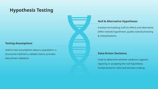 Hypothesis Testing
Involves formulating null (no effect) and alternative
(effect tested) hypotheses; guides statistical testing
& interpretations.
Null & Alternative Hypotheses
Used to test assumptions about a population; a
structured method to validate claims; provides
data-driven validation.
Testing Assumptions
Used to determine whether evidence supports
rejecting or accepting the null hypothesis;
fundamental for informed decision-making.
Data-Driven Decisions
 