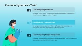 Common Hypothesis Tests
01 T-Test: Comparing Two Means
Compares means of two groups; determines if significant difference exists;
useful for assessing group-based changes.
02 Chi-Square Test: Categorical Data
For categorical data; assesses if observed frequencies match expected
frequencies; evaluates independence between variables.
03 Z-Test: Comparing Sample to Population
Compares sample data to a population; variance is known; useful to see if new
data deviates significantly from known data.
 