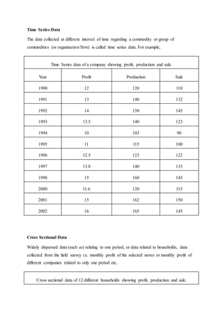 Time Series Data
The data collected at different interval of time regarding a commodity or group of
commodities (or organization/firm) is called time series data. For example,
Time Series data of a company showing profit, production and sale.
Year Profit Production Sale
1990 12 120 110
1991 13 140 132
1992 14 150 145
1993 13.5 140 123
1994 10 103 90
1995 11 115 100
1996 12.5 123 122
1997 13.8 140 135
1998 15 160 145
2000 11.6 120 115
2001 15 162 150
2002 16 165 145
Cross Sectional Data
Widely dispersed data (such as) relating to one period, or data related to households, data
collected from the field survey i.e. monthly profit of the selected stores or monthly profit of
different companies related to only one period etc.
Cross sectional data of 12 different households showing profit, production and sale.
 