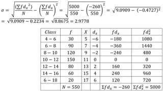 𝜎 =
(∑𝑓𝑑 𝑥
2
)
𝑁
−
∑𝑓𝑑 𝑥
𝑁
2
=
5000
550
−
−260
550
2
= 9.0909 − −0.4727 2
= 9.0909 − 0.2234 = 8.8675 = 2.9778
𝐶𝑙𝑎𝑠𝑠 𝑓 𝑋 𝑑 𝑥 𝑓𝑑 𝑥 𝑓𝑑 𝑥
2
4 − 6 30 5 −6 −180 1080
6 − 8 90 7 −4 −360 1440
8 − 10 120 9 −2 −240 480
10 − 12 150 11 0 0 0
12 − 14 80 13 2 160 320
14 − 16 60 15 4 240 960
6 − 18 20 17 6 120 720
𝑁 = 550 Σ𝑓𝑑 𝑥 = −260 Σ𝑓𝑑 𝑥
2
= 5000
 