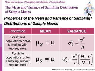 CABT Statistics & Probability – Grade 11 Lecture Presentation
Mean and Variance of Sampling Distributions of Sample Means
Properties of the Mean and Variance of Sampling
Distributions of Sample Means
The Mean and Variance of Sampling Distribution
of Sample Means
Condition MEAN VARIANCE
For infinite
populations or for
sampling with
replacement
For finite
populations or for
sampling without
replacement
X
  
X
  
2
2
X
n

 
2
2
1X
N n
n N
   
    
 