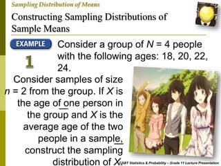 Constructing Sampling Distributions of
Sample Means
CABT Statistics & Probability – Grade 11 Lecture Presentation
Sampling Distribution of Means
Consider a group of N = 4 people
with the following ages: 18, 20, 22,
24.
Consider samples of size
n = 2 from the group. If X is
the age of one person in
the group and X is the
average age of the two
people in a sample,
construct the sampling
distribution of X.
 