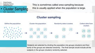 • Simple Random
• Systematic Random
• Stratified Random
• Cluster Sampling
• Multi – stage sampling
This is sometimes called area sampling because
this is usually applied when the population is large.
Subjects are selected by dividing the population into groups (clusters) and then
some of the groups are selected randomly. The final sample would include all the
subjects in the groups (clusters) randomly selected.
 