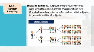 Snowball Sampling. A special nonprobability method
used when the desired sample characteristic is rare.
Snowball sampling relies on referrals from initial subjects
to generate additional subjects.
Non –
Random
Sampling
 