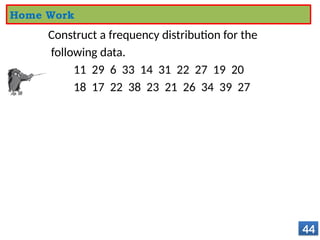 44
Home Work
Construct a frequency distribution for the
following data.
11 29 6 33 14 31 22 27 19 20
18 17 22 38 23 21 26 34 39 27
 