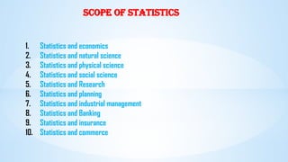 Scope of Statistics
1. Statistics and economics
2. Statistics and natural science
3. Statistics and physical science
4. Statistics and social science
5. Statistics and Research
6. Statistics and planning
7. Statistics and industrial management
8. Statistics and Banking
9. Statistics and insurance
10. Statistics and commerce
 