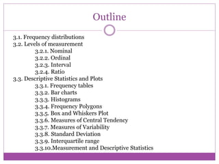 Outline
3.1. Frequency distributions
3.2. Levels of measurement
3.2.1. Nominal
3.2.2. Ordinal
3.2.3. Interval
3.2.4. Ratio
3.3. Descriptive Statistics and Plots
3.3.1. Frequency tables
3.3.2. Bar charts
3.3.3. Histograms
3.3.4. Frequency Polygons
3.3.5. Box and Whiskers Plot
3.3.6. Measures of Central Tendency
3.3.7. Measures of Variability
3.3.8. Standard Deviation
3.3.9. Interquartile range
3.3.10.Measurement and Descriptive Statistics
 