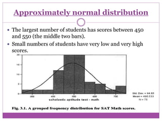 Approximately normal distribution
 The largest number of students has scores between 450
and 550 (the middle two bars).
 Small numbers of students have very low and very high
scores.
 