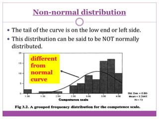 Non-normal distribution
 The tail of the curve is on the low end or left side.
 This distribution can be said to be NOT normally
distributed.
different
from
normal
curve
 