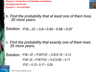 ©2007 Pearson Education Asia
Chapter 8: Introduction to Probability and Statistics
8.6 Independent Events
Example 3 – Survival Rates
b. Find the probability that at least one of them lives
20 more years.
Solution:
c. Find the probability that exactly one of them lives
20 more years.
Solution:
( ) 97.068.085.08.0 =−+=∪DBP
( ) ( ) ( ) ( )( ) 17.085.02.0'' ===∩ DPBPDBP
( ) 29.017.012.0 =+=EP
( ) ( ) ( ) ( )( ) 12.015.08.0'' ===∩ DPBPDBP
 