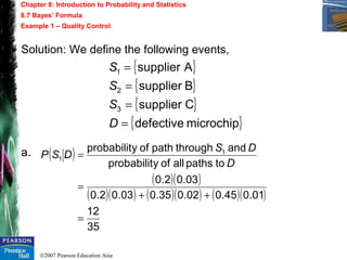©2007 Pearson Education Asia
Chapter 8: Introduction to Probability and Statistics
8.7 Bayes’ Formula
Example 1 – Quality Control
Solution: We define the following events,
a.
{ }
{ }
{ }
{ }microchipdefective
Csupplier
Bsupplier
Asupplier
3
2
1
=
=
=
=
D
S
S
S
( )
( )( )
( )( ) ( )( ) ( )( )
35
12
01.045.002.035.003.02.0
03.02.0
topathsallofyprobabilit
andthroughpathofyprobabilit 1
1
=
++
=
=
D
DS
DSP
 