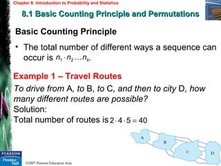 ©2007 Pearson Education Asia
Chapter 8: Introduction to Probability and Statistics
8.1 Basic Counting Principle and Permutations8.1 Basic Counting Principle and Permutations
Example 1 – Travel Routes
Basic Counting Principle
• The total number of different ways a sequence can
occur is .knnn 21 ⋅
To drive from A, to B, to C, and then to city D, how
many different routes are possible?
Solution:
Total number of routes is 40542 =⋅⋅
 