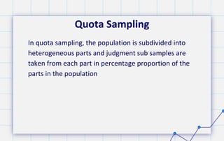 Quota Sampling
In quota sampling, the population is subdivided into
heterogeneous parts and judgment sub samples are
taken from each part in percentage proportion of the
parts in the population
 