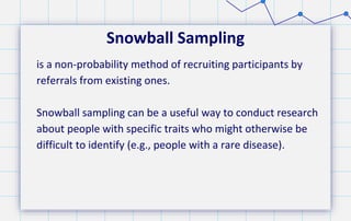 Snowball Sampling
is a non-probability method of recruiting participants by
referrals from existing ones.
Snowball sampling can be a useful way to conduct research
about people with specific traits who might otherwise be
difficult to identify (e.g., people with a rare disease).
 