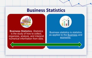 Business Statistics
Business Statistics -Statistics
is the study of how to collect,
organizes, analyze, and interpret
numerical information from data.
Business statistics is statistics
as applied to the Business and
economic.
 