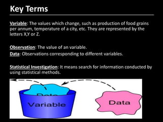 Key Terms
Variable: The values which change, such as production of food grains
per annum, temperature of a city, etc. They are represented by the
letters X,Y or Z.
Observation: The value of an variable.
Data: Observations corresponding to different variables.
Statistical Investigation: It means search for information conducted by
using statistical methods.
 