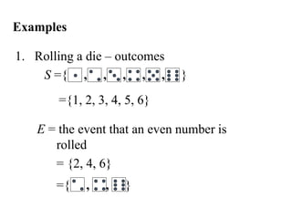 Examples
1. Rolling a die – outcomes
S ={ , , , , , }
={1, 2, 3, 4, 5, 6}
E = the event that an even number is
rolled
= {2, 4, 6}
={ , , }
 