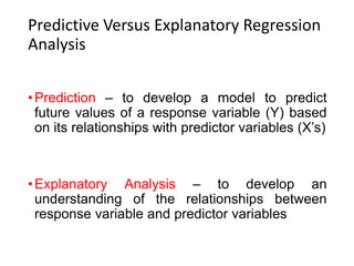Predictive Versus Explanatory Regression
Analysis
•Prediction – to develop a model to predict
future values of a response variable (Y) based
on its relationships with predictor variables (X’s)
•Explanatory Analysis – to develop an
understanding of the relationships between
response variable and predictor variables
 
