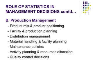 ROLE OF STATISTICS IN MANAGEMENT DECISIONS contd… B. Production Management - Product mix & product positioning - Facility & production planning - Distribution management - Material handling & facility planning - Maintenance policies - Activity planning & resources allocation - Quality control decisions 