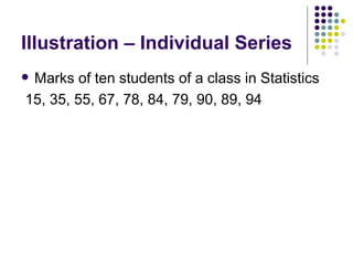 Illustration – Individual Series Marks of ten students of a class in Statistics 15, 35, 55, 67, 78, 84, 79, 90, 89, 94  