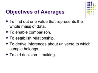 Objectives of Averages To find out one value that represents the whole mass of data. To enable comparison. To establish relationship. To derive inferences about universe to which sample belongs. To aid decision – making. 