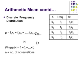 Arithmetic Mean contd… Discrete  Frequency Distribution   μ  = f 1 x 1  + f 2 x 2  + …..f n x n = Σ fx N  Σ f Where N = f 1  +f 2  +…+f n n = no. of observations f 4  f 4 x 4 x 4 f 3   f 3 x 3 x 3 f 2  f 2 x 2   x 2 f 1   f 1 x 1 x 1 Freq.  fx X 