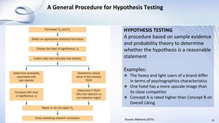 A General Procedure for Hypothesis Testing
25
HYPOTHESIS TESTING
A procedure based on sample evidence
and probability theory to determine
whether the hypothesis is a reasonable
statement
Examples:
 The heavy and light users of a brand differ
in terms of psychographics characteristics
 One hotel has a more upscale image than
its close competitor
 Concept A is rated higher than Concept B on
Overall Liking
Source: Malhotra (2010)
 