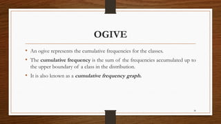 38
OGIVE
• An ogive represents the cumulative frequencies for the classes.
• The cumulative frequency is the sum of the frequencies accumulated up to
the upper boundary of a class in the distribution.
• It is also known as a cumulative frequency graph.
 