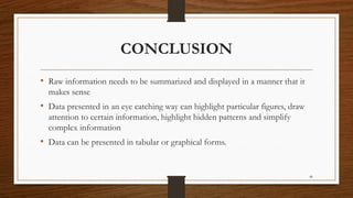 49
CONCLUSION
• Raw information needs to be summarized and displayed in a manner that it
makes sense
• Data presented in an eye catching way can highlight particular figures, draw
attention to certain information, highlight hidden patterns and simplify
complex information
• Data can be presented in tabular or graphical forms.
 