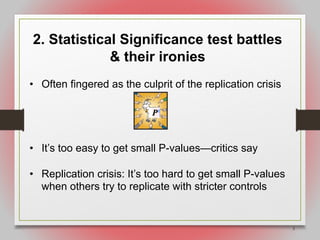 5
2. Statistical Significance test battles
& their ironies
• Often fingered as the culprit of the replication crisis
• It’s too easy to get small P-values—critics say
• Replication crisis: It’s too hard to get small P-values
when others try to replicate with stricter controls
 