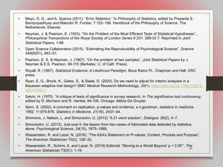 69
• Mayo, D. G., and A. Spanos (2011). “Error Statistics.” In Philosophy of Statistics, edited by Prasanta S.
Bandyopadhyay and Malcolm R. Forster, 7:152–198. Handbook of the Philosophy of Science. The
Netherlands: Elsevier.
• Neyman, J. & Pearson, E. (1933). “On the Problem of the Most Efficient Tests of Statistical Hypotheses”,,
Philosophical Transactions of the Royal Society of London Series A 231: 289-33 7. Reprinted in Joint
Statistical Papers, 1-66.
• Open Science Collaboration (2015). “Estimating the Reproducibility of Psychological Science”, Science
349(6251), 943–51.
• Pearson, E. S. & Neyman, J. (1967). “On the problem of two samples”, Joint Statistical Papers by J.
Neyman & E.S. Pearson, 99-115 (Berkeley: U. of Calif. Press).
• Royall, R. (1997). Statistical Evidence: A Likelihood Paradigm. Boca Raton FL: Chapman and Hall, CRC
press.
• Ryan, E. G., Brock, K., Gates, S., & Slade, D. (2020). Do we need to adjust for interim analyses in a
Bayesian adaptive trial design? BMC Medical Research Methodology, 20(1). https://doi.org/10.1186/s12874-
020-01042-7
• Selvin, H. (1970). “A critique of tests of significance in survey research. In The significance test controversy,
edited by D. Morrison and R. Henkel, 94-106. Chicago: Aldine De Gruyter.
• Senn, S. (2002). A comment on replication, p-values and evidence, s.n.goodman, statistics in medicine
1992; 11:875-879. Statistics in Medicine, 21(16), 2437–44.
• Simmons, J. Nelson, L. and Simonsohn, U. (2012) “A 21 word solution”, Dialogue: 26(2), 4–7.
• Simonsohn, U. (2013). Just post it: the lesson from two cases of fabricated data detected by statistics
alone. Psychological Science, 24(10), 1875–1888.
• Wasserstein, R. and Lazar, N. (2016). “The ASA’s Statement on P-values: Context, Process and Purpose”,
The American Statistician 70(2), 129–33.
• Wasserstein, R., Schirm, A. and Lazar, N. (2019) Editorial: “Moving to a World Beyond ‘p < 0.05’”, The
American Statistician 73(S1): 1-19.
 