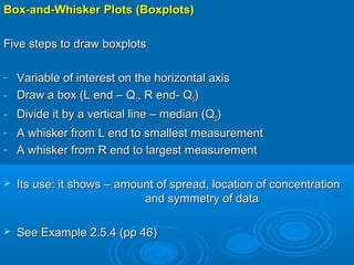 Box-and-Whisker Plots (Boxplots)Box-and-Whisker Plots (Boxplots)
Five steps to draw boxplotsFive steps to draw boxplots
- Variable of interest on the horizontal axisVariable of interest on the horizontal axis
- Draw a box (L end – QDraw a box (L end – Q11, R end- Q, R end- Q33))
- Divide it by a vertical line – median (QDivide it by a vertical line – median (Q22))
- A whisker from L end to smallest measurementA whisker from L end to smallest measurement
- A whisker from R end to largest measurementA whisker from R end to largest measurement
 Its use: it shows – amount of spread, location of concentrationIts use: it shows – amount of spread, location of concentration
and symmetry of dataand symmetry of data
 See Example 2.5.4 (pp 46)See Example 2.5.4 (pp 46)
 