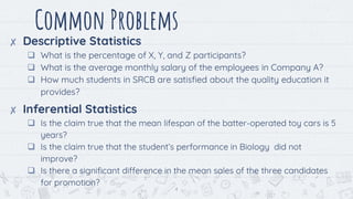 Common Problems
✘ Descriptive Statistics
 What is the percentage of X, Y, and Z participants?
 What is the average monthly salary of the employees in Company A?
 How much students in SRCB are satisfied about the quality education it
provides?
✘ Inferential Statistics
 Is the claim true that the mean lifespan of the batter-operated toy cars is 5
years?
 Is the claim true that the student’s performance in Biology did not
improve?
 Is there a significant difference in the mean sales of the three candidates
for promotion?
4
 
