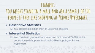 ✘ Descriptive Statistics
 You could make a bar chart of yes or no answers.
✘ Inferential Statistics
 You could use your research to reason that around 75-80% of the
population (all shoppers in all malls) like shopping at Prince
Hypermart.
5
Example:
You might stand in a mall and ask a sample of 100
people if they like shopping at Prince Hypermart.
 