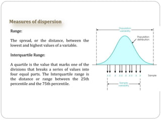 Measures of dispersion
Range:
The spread, or the distance, between the
lowest and highest values of a variable.
Interquartile Range:
A quartile is the value that marks one of the
divisions that breaks a series of values into
four equal parts. The Interquartile range is
the distance or range between the 25th
percentile and the 75th percentile.
 