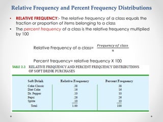 Relative Frequency and Percent Frequency Distributions
• RELATIVE FREQUENCY:- The relative frequency of a class equals the
fraction or proportion of items belonging to a class
• The percent frequency of a class is the relative frequency multiplied
by 100
Relative Frequency of a class=
𝐹𝑟𝑒𝑞𝑢𝑒𝑛𝑐𝑦 𝑜𝑓 𝑐𝑙𝑎𝑠𝑠
𝑛
Percent frequency= relative frequency X 100
 