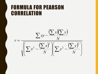 FORMULA FOR PEARSON
CORRELATION
  
   



























N
y
y
N
x
x
N
y
x
xy
r
2
2
2
2
 