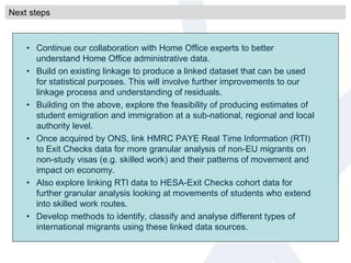 • Continue our collaboration with Home Office experts to better
understand Home Office administrative data.
• Build on existing linkage to produce a linked dataset that can be used
for statistical purposes. This will involve further improvements to our
linkage process and understanding of residuals.
• Building on the above, explore the feasibility of producing estimates of
student emigration and immigration at a sub-national, regional and local
authority level.
• Once acquired by ONS, link HMRC PAYE Real Time Information (RTI)
to Exit Checks data for more granular analysis of non-EU migrants on
non-study visas (e.g. skilled work) and their patterns of movement and
impact on economy.
• Also explore linking RTI data to HESA-Exit Checks cohort data for
further granular analysis looking at movements of students who extend
into skilled work routes.
• Develop methods to identify, classify and analyse different types of
international migrants using these linked data sources.
Next steps
 