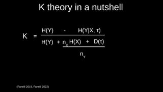 K theory in a nutshell
(Fanelli 2019, Fanelli 2022)
K =
H(Y) - H(Y|X, τ))
H(Y) H(X) D(τ))
+ nX
nY
+
 