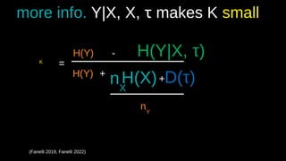 more info. Y|X, X, τ makes K small
(Fanelli 2019, Fanelli 2022)
K
=
H(Y) - H(Y|X, τ))
H(Y)
H(X) D(τ))
+
nX
nY
+
 