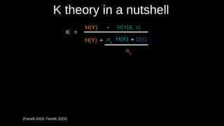 K theory in a nutshell
(Fanelli 2019, Fanelli 2022)
=
H(Y) - H(Y|X, τ))
H(Y) H(X) D(τ))
+ nX
nY
K
+
 