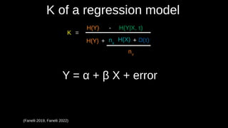 K of a regression model
(Fanelli 2019, Fanelli 2022)
Y = α + β X + error
=
H(Y) - H(Y|X, τ))
H(Y) H(X) D(τ))
+ nX
nY
K
+
 