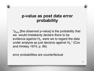 32
p-value as post data error
probability
“pobs [the observed p-value] is the probability that
we would mistakenly declare there to be
evidence against H0, were we to regard the data
under analysis as just decisive against H0.” (Cox
and Hinkley 1974, p. 66)
error probabilities are counterfactual
 
