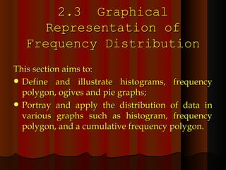 2.3  Graphical Representation of Frequency Distribution This section aims to: Define and illustrate histograms, frequency polygon, ogives and pie graphs; Portray and apply the distribution of data in various graphs such as histogram, frequency polygon, and a cumulative frequency polygon. 