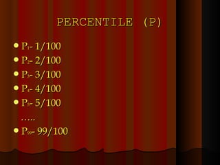 PERCENTILE (P) P 1 - 1/100 P 2 - 2/100 P 3 - 3/100 P 4 - 4/100 P 5 - 5/100 … .. P 99 - 99/100 