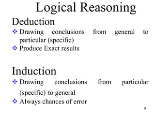 Logical Reasoning
Deduction
Drawing conclusions from general to
particular (specific)
Produce Exact results
Induction
Drawing conclusions from particular
(specific) to general
Always chances of error
9
 
