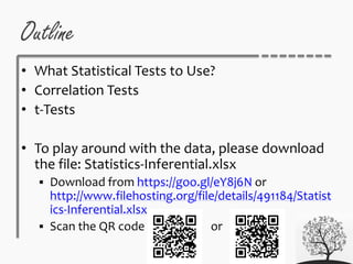 Outline
• What Statistical Tests to Use?
• Correlation Tests
• t-Tests
• To play around with the data, please download
the file: Statistics-Inferential.xlsx
 Download from https://goo.gl/eY8j6N or
http://www.filehosting.org/file/details/491184/Statist
ics-Inferential.xlsx
 Scan the QR code or
 