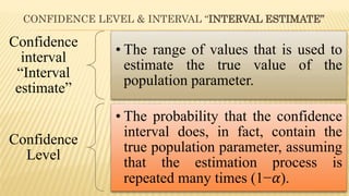CONFIDENCE LEVEL & INTERVAL “INTERVAL ESTIMATE”
Confidence
interval
“Interval
estimate”
• The range of values that is used to
estimate the true value of the
population parameter.
Confidence
Level
• The probability that the confidence
interval does, in fact, contain the
true population parameter, assuming
that the estimation process is
repeated many times (1−𝛼).
 